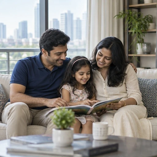 Indian parents reading with their daughter